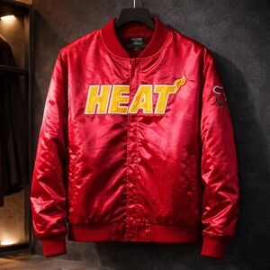 Miami Heat NBA Ultra Game Satin Bomber Jacket Mens 3XL Red‎ Yellow Logo NWT $90